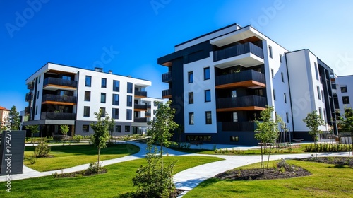 Modern apartment buildings with a green lawn and walkways in front.