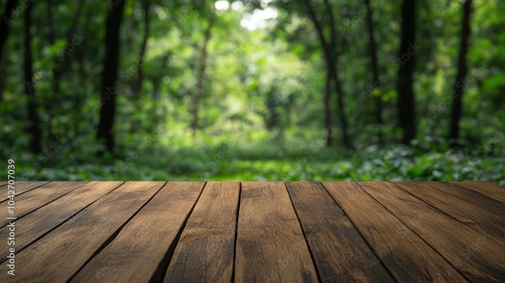 A wooden tabletop in a lush, green forest setting, inviting nature exploration. A wooden tabletop in a lush, green forest setting, inviting nature exploration.