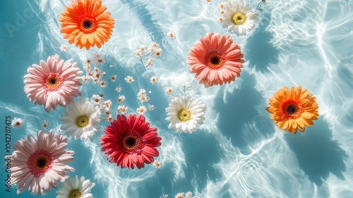 Colorful gerberas floating around in pool,Collection pink gerberas,Gerber Gerbera Daisy daisies flower floral,Mockup template artwork graphic design. photo