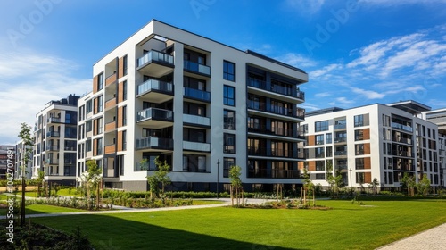 Modern apartment buildings with green lawn and blue sky.