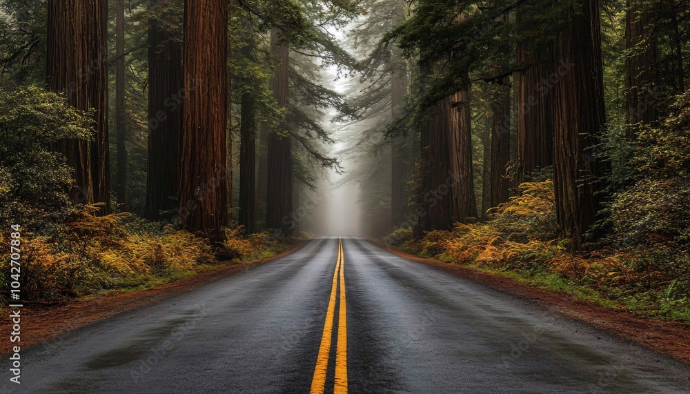 Obraz premium A serene road winding through a majestic forest of tall redwood trees, shrouded in mist, inviting adventure and tranquility.