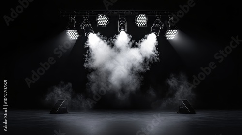 Dramatic Illumination Dimly Lit Stage with Spotlight Enhancing White Text on Black Background photo