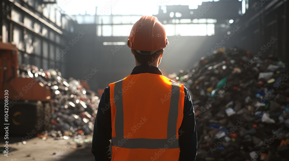 man in high visibility vest and hard hat stands in waste management facility, observing large piles of debris. scene conveys sense of responsibility and awareness in industrial environment man in high visibility vest and hard hat stands in waste management facility, observing large piles of debris. scene conveys sense of responsibility and awareness in industrial environment