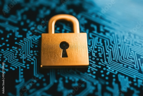 Wallpaper Mural A golden padlock rests on a blue circuit board, symbolizing cybersecurity and data protection. Torontodigital.ca