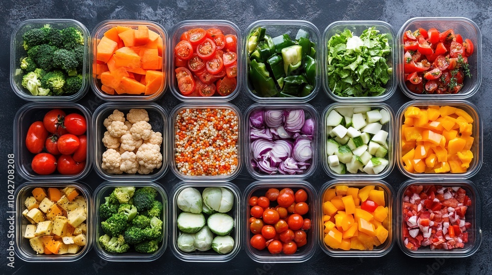A top-down view of a meal prep setup vegetables A top-down view of a meal prep setup vegetables
