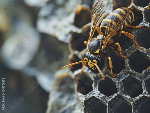 Close-up of a yellow and black wasp on a honeycomb structure, highlighting its intricate details and textures against a blurred background.