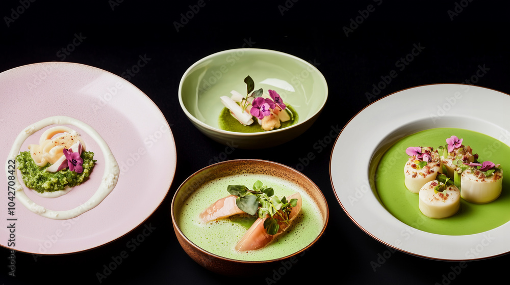 Michelin star, upper echelon avant-garde cuisine with fresh mint-colored gourmet courses - a feast for the eyes Michelin star, upper echelon avant-garde cuisine with fresh mint-colored gourmet courses - a feast for the eyes