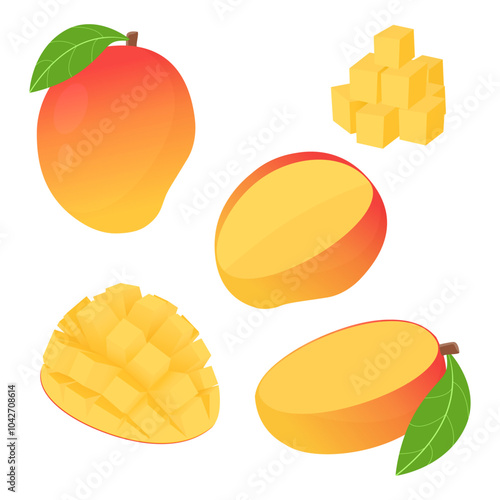 set collection of whole and half sliced dice cut fresh mango fruit with leaf vector illustration, healthy sweet fruits