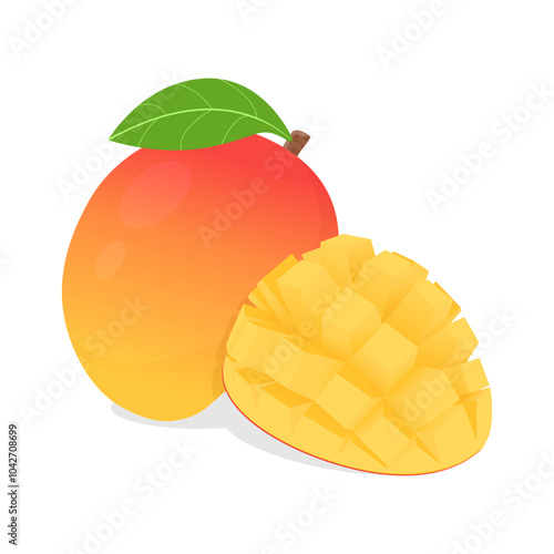 sliced dice cut fresh mango fruit with leaf vector illustration, healthy sweet fruits