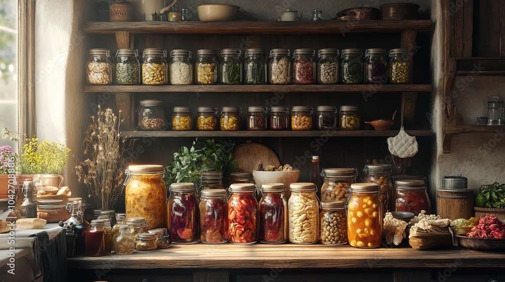 A rustic kitchen scene with jars of homemade fermented vegetables A rustic kitchen scene with jars of homemade fermented vegetables