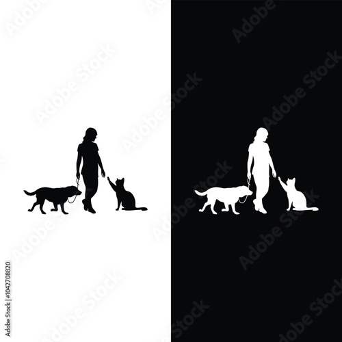A women with her pets dog, cat silhouette vector template