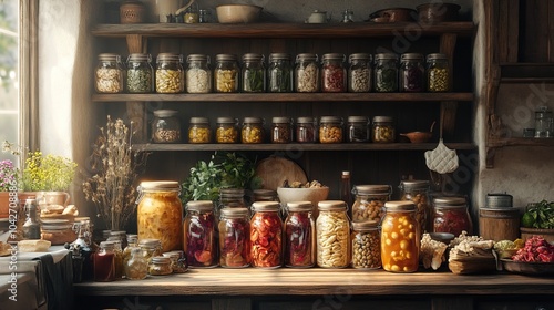 A rustic kitchen scene with jars of homemade fermented vegetables