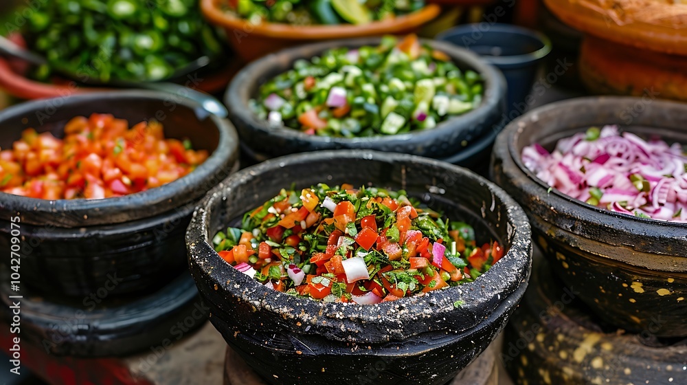 An closeup view of spice pots with salad and salsa at an eatery or bakery An closeup view of spice pots with salad and salsa at an eatery or bakery