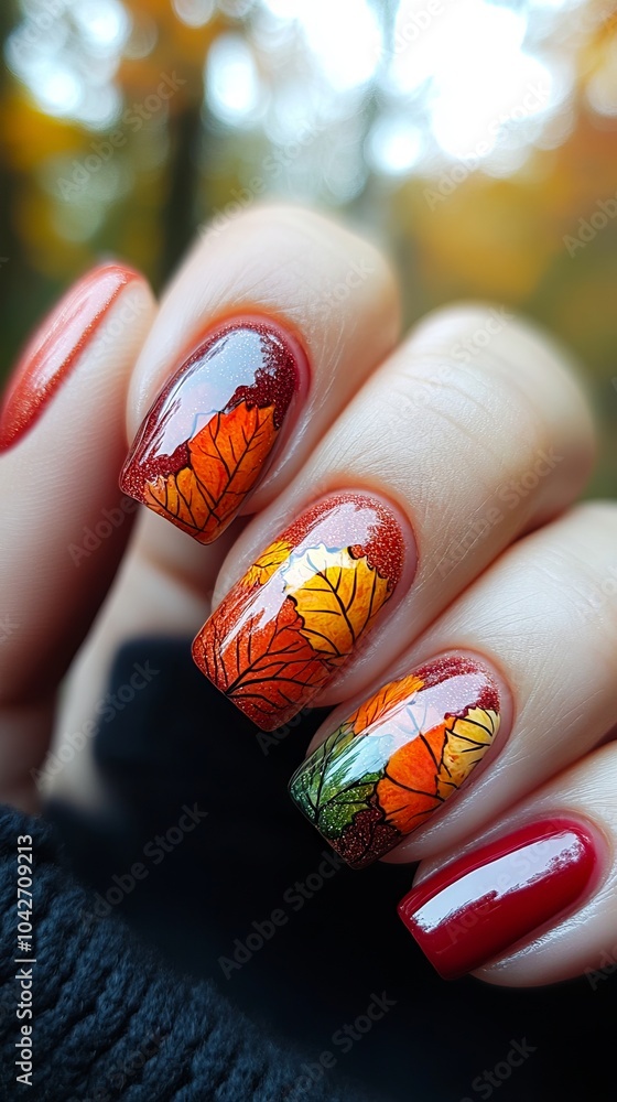 A woman's hand holding a red manicure with a leaf design on it A woman's hand holding a red manicure with a leaf design on it