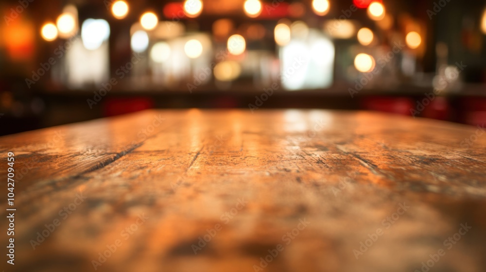 The rustic wooden bar counter stands empty, illuminated softly by warm lights in a cozy pub setting The rustic wooden bar counter stands empty, illuminated softly by warm lights in a cozy pub setting