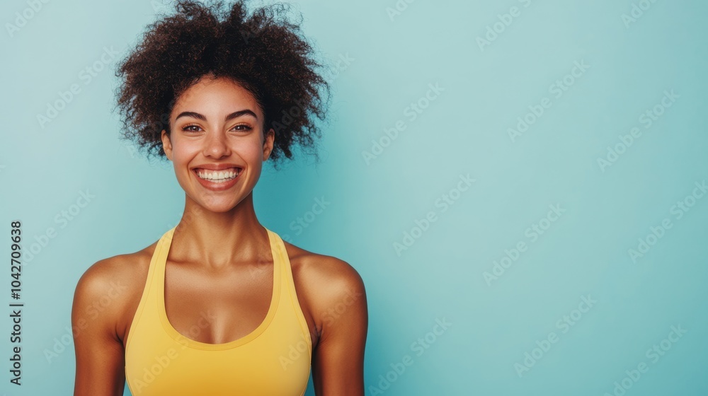 A joyful woman in a yellow sports top celebrates her fitness achievement with a big smile and enthusiasm A joyful woman in a yellow sports top celebrates her fitness achievement with a big smile and enthusiasm