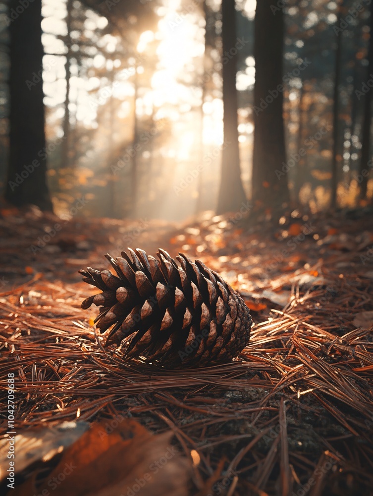 A pine cone resting on the forest floor surrounded by pine needles, with soft sunlight filtering through the trees in a serene woodland setting. A pine cone resting on the forest floor surrounded by pine needles, with soft sunlight filtering through the trees in a serene woodland setting.