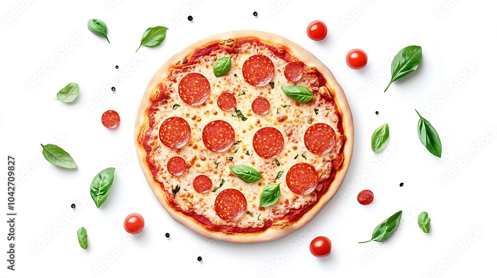 Classic Pepperoni Pizza with Basil and Tomato Toppings Classic Pepperoni Pizza with Basil and Tomato Toppings