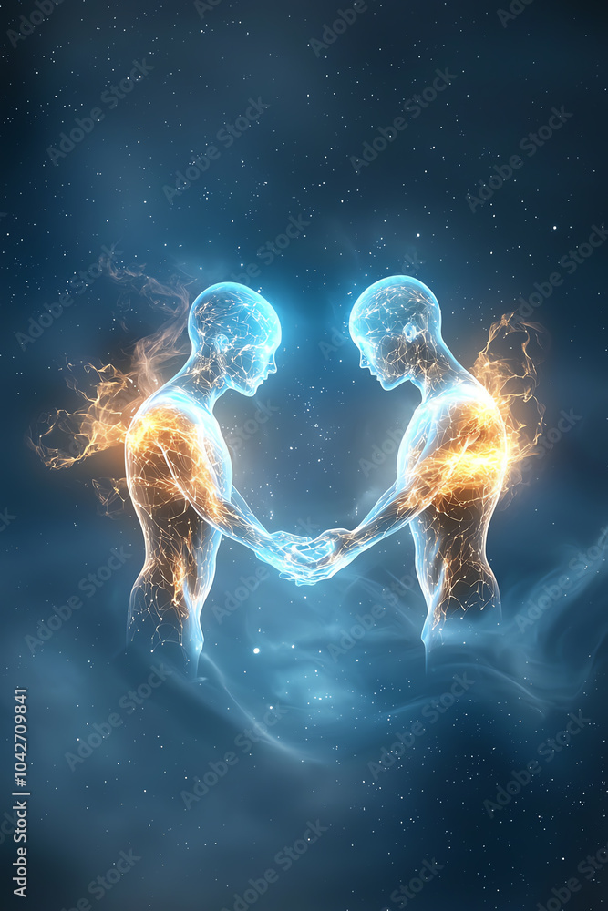 The ethereal connection two energetic beings uniting in a cosmic embrace The ethereal connection two energetic beings uniting in a cosmic embrace