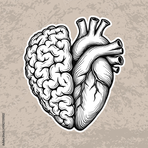 Half Brain Half Heart, Brain Heart illustration, Human Heart And Brain In Black Sticker