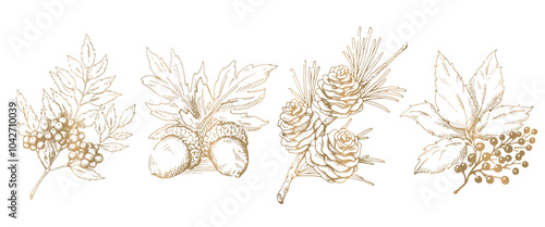 木の実と枝葉の線画イラストのセット　秋から冬の植物　金色のベクター素材