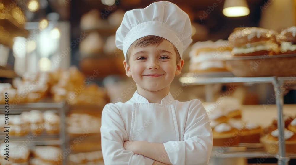 A young chef smiles confidently in a bakery filled with pastries. A young chef smiles confidently in a bakery filled with pastries.