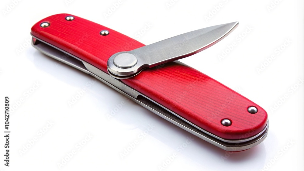 High angle view of red pocket folding knife open on white background High angle view of red pocket folding knife open on white background
