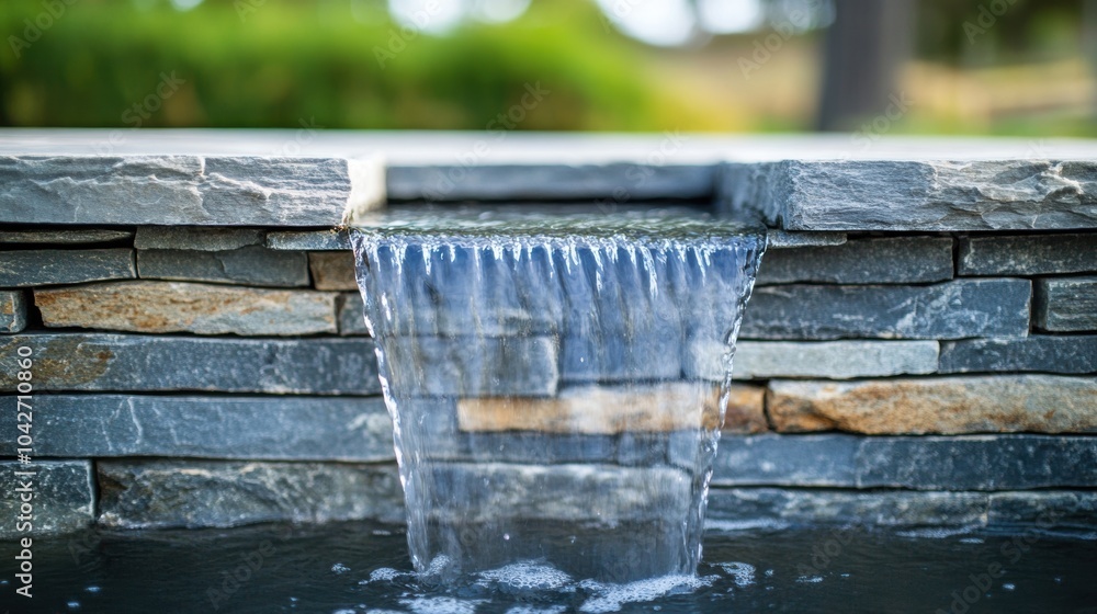 Water flows gently from a stylish fountain that features a stone wall, creating a peaceful atmosphere in a lush garden Water flows gently from a stylish fountain that features a stone wall, creating a peaceful atmosphere in a lush garden