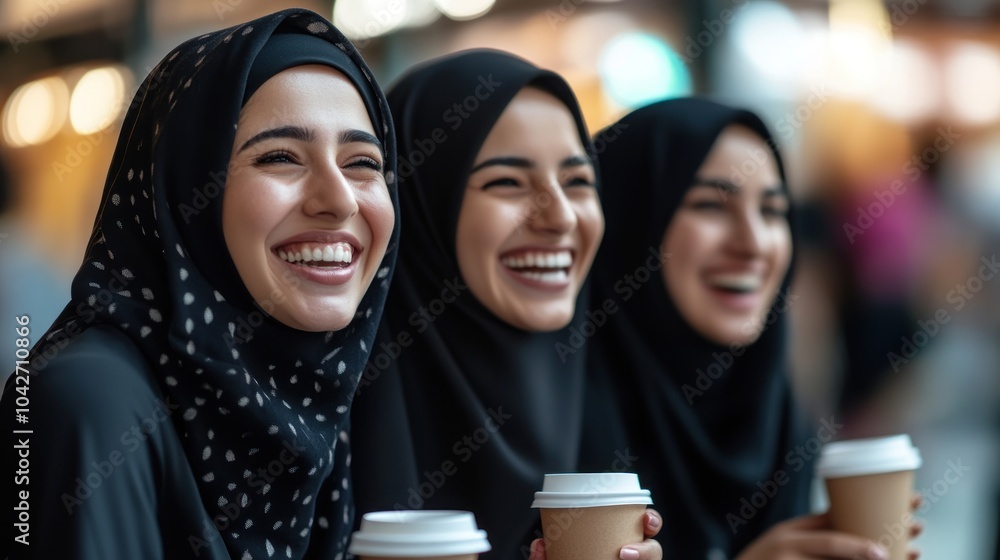 Three smiling women in hijabs enjoying coffee together in a lively setting. Three smiling women in hijabs enjoying coffee together in a lively setting.