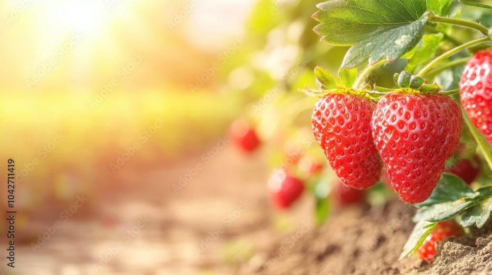 Juicy strawberries grow abundantly on green plants, basking in the warm sunlight of a sunny garden on a beautiful day Juicy strawberries grow abundantly on green plants, basking in the warm sunlight of a sunny garden on a beautiful day