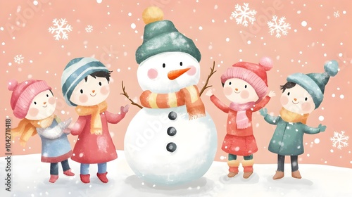 A group of cheerful children building a colorful pastel-themed snowman,set against a soft pink background with gentle snowflakes falling,capturing the joy and wonder of winter playtime.