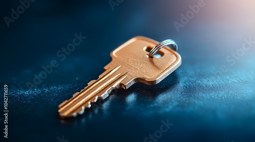 A lone key glows softly under a captivating blue light resting on a dark surface with delicate shadows surrounding it creating a minimalist elegant and mysterious still life composition photo