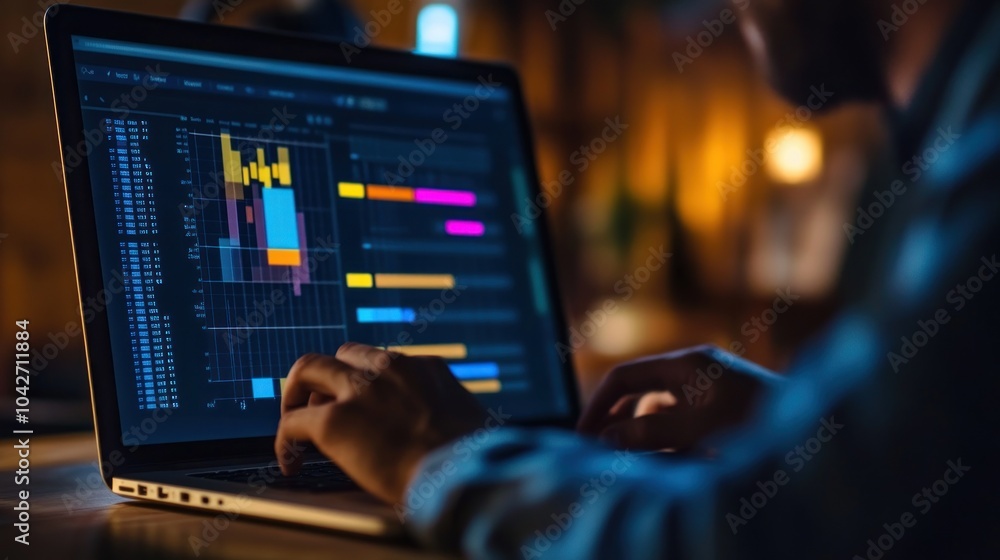 A person analyzing data on a laptop with colorful graphs and charts on the screen. A person analyzing data on a laptop with colorful graphs and charts on the screen.