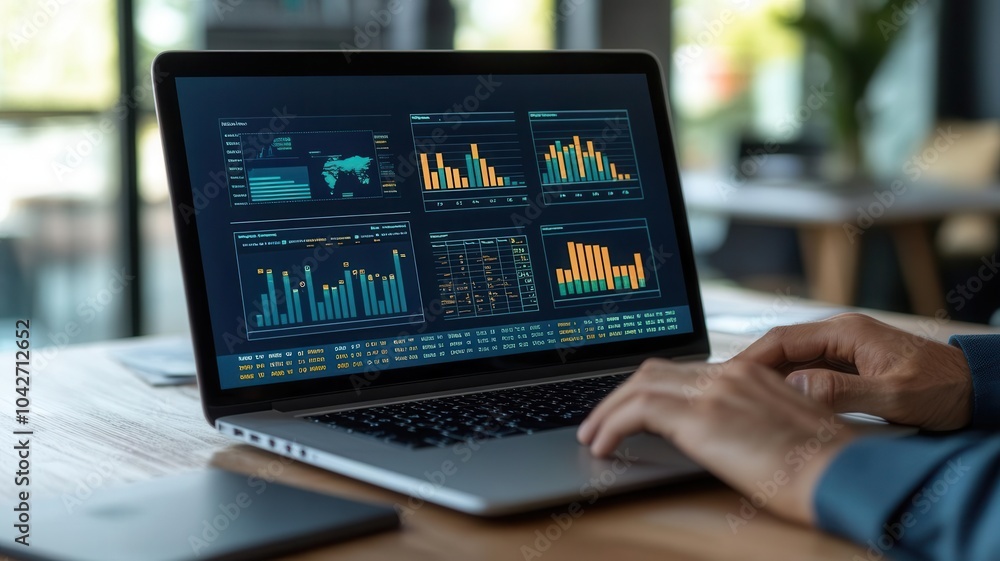 Entrepreneur analyzing e-commerce financial models on a laptop, data charts and graphs displayed, modern office setting Entrepreneur analyzing e-commerce financial models on a laptop, data charts and graphs displayed, modern office setting