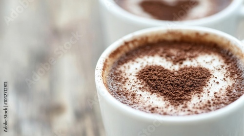 A warm cup of coffee features beautifully arranged cocoa powder in the shape of a heart, perfect for Valentine's Day