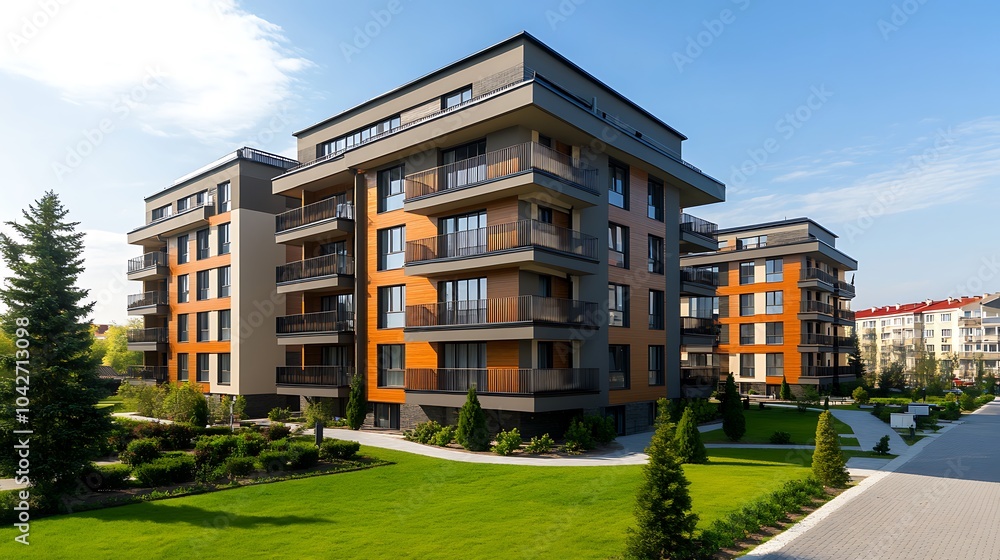 Modern apartment complex with balconies, lush green lawns, and paved walkways. Modern apartment complex with balconies, lush green lawns, and paved walkways.