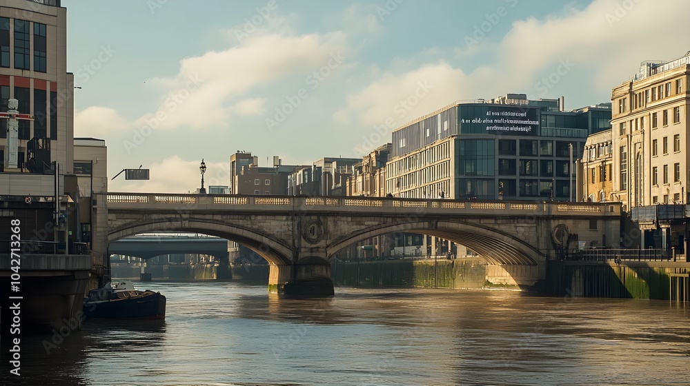 Naklejka premium Stone Arch Bridge Over River in Urban Cityscape