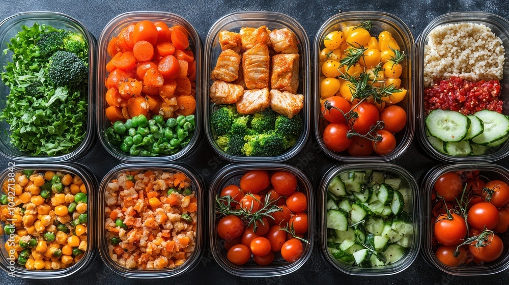 Colorful meal prep containers filled with fresh vegetables and proteins. Colorful meal prep containers filled with fresh vegetables and proteins.