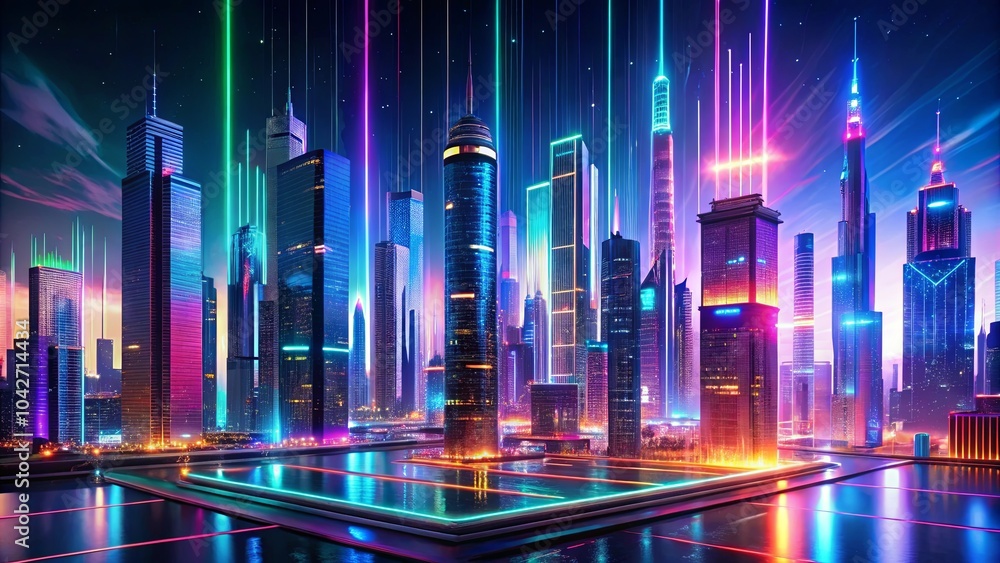 A futuristic cityscape illuminated by vibrant, neon lights with shimmering reflections on the water, creating an awe-inspiring spectacle of urban progress and technological advancements. A futuristic cityscape illuminated by vibrant, neon lights with shimmering reflections on the water, creating an awe-inspiring spectacle of urban progress and technological advancements.