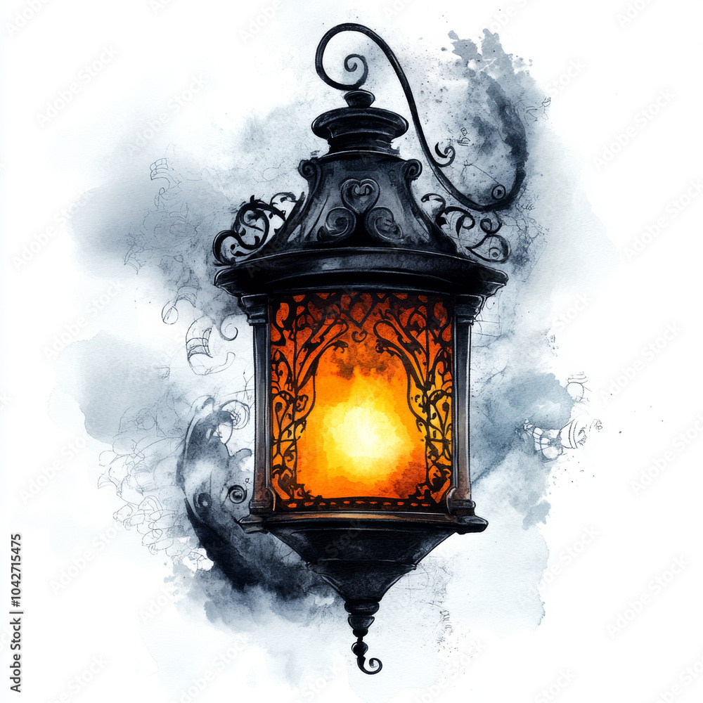 Intricately designed lantern illuminating a dark background with warm light during twilight Intricately designed lantern illuminating a dark background with warm light during twilight