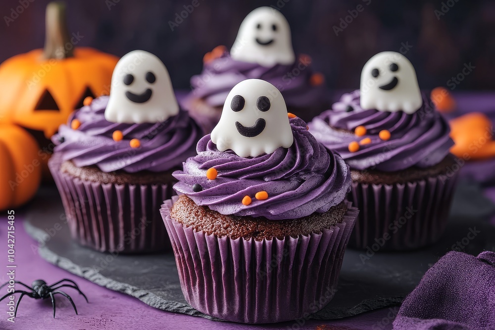 Halloween ghost-topped cupcakes with pumpkins and spider decorations on a rich purple background. Halloween ghost-topped cupcakes with pumpkins and spider decorations on a rich purple background.