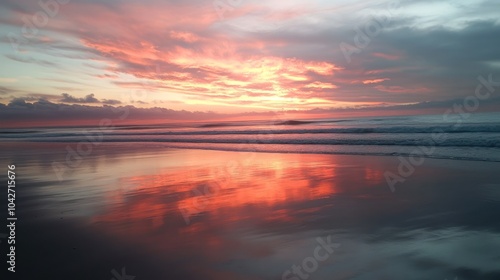 A vibrant sunset reflecting on a calm beach, creating a serene and picturesque scene.