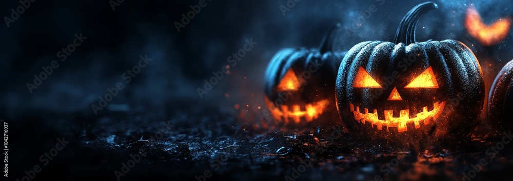 Halloween pumpkins glowing on dark background with banner space for web or digital marketing concept. Halloween pumpkins glowing on dark background with banner space for web or digital marketing concept.