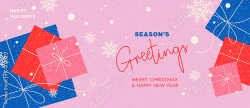 Season's greetings Christmas modern horizontal banner, with  gift boxes and textured background, template, vector illustration