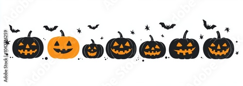 Row of Halloween Pumpkins Silhouette Vector Background, Simple Black and Orange Design, White Isolated Background.