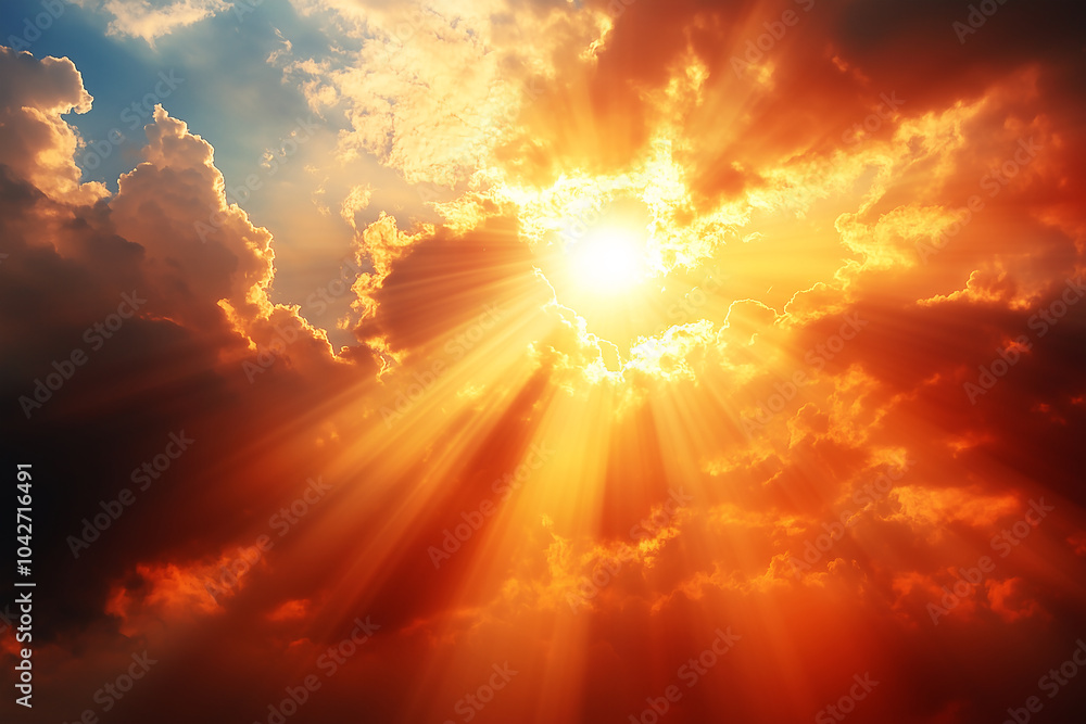 beautiful sunset with golden rays shining through the fluffy clouds, enhanced by lens flare effects beautiful sunset with golden rays shining through the fluffy clouds, enhanced by lens flare effects