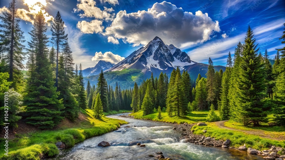 Obraz premium A winding river meanders through a lush valley, flanked by towering evergreen trees and a majestic snow-capped mountain peak, bathed in the warm glow of the setting sun.