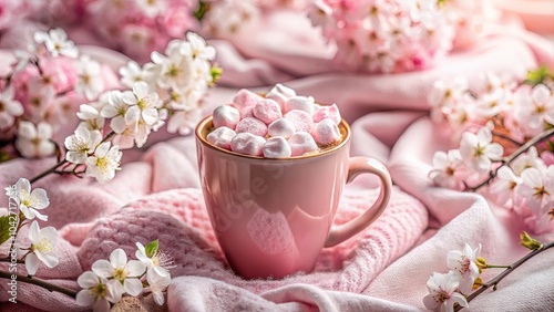 A Soft Pink Mug Filled with Marshmallows, Nestled Among Delicate White Blossoms and a Gentle Pink Blanket.