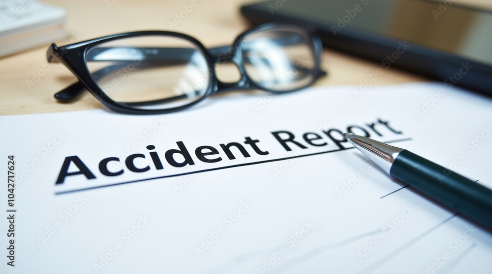 Accident report document with pen and eyeglasses on desk Accident report document with pen and eyeglasses on desk