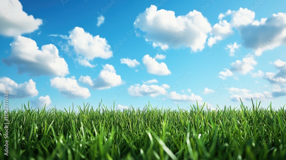 Fototapeta premium Serene Countryside Landscape with Vibrant Green Grass and Fluffy Clouds in Blue Sky